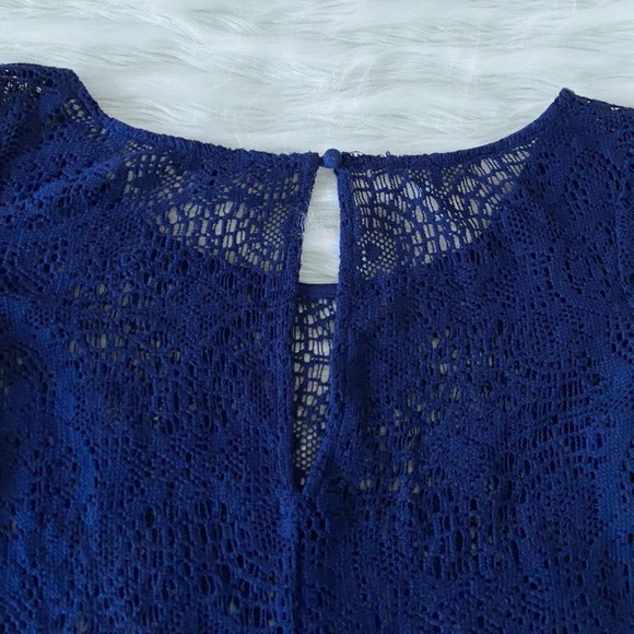 American Eagle Navy Blue Lace Crochet Bell Sleeve Croquette Mini Dress Sz XXS - Picture 8 of 10